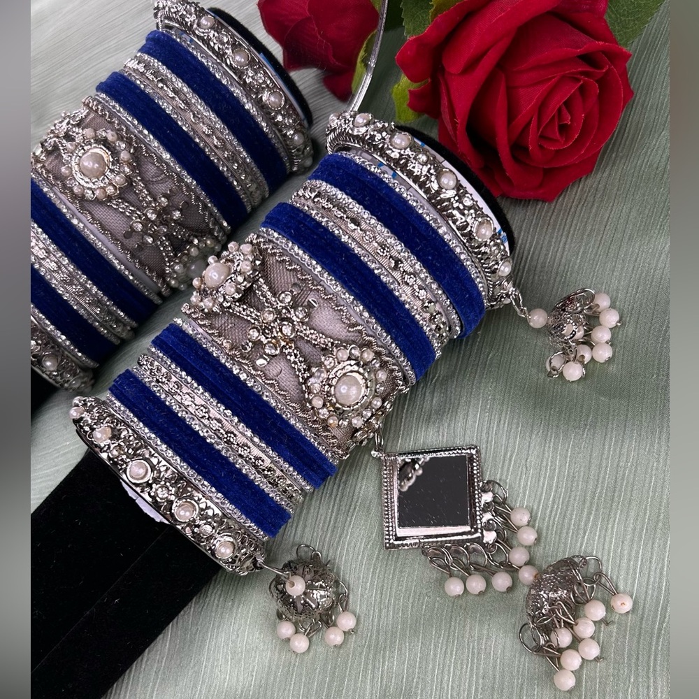 Beautiful Silver and Blue Bangles with Pearl Accents